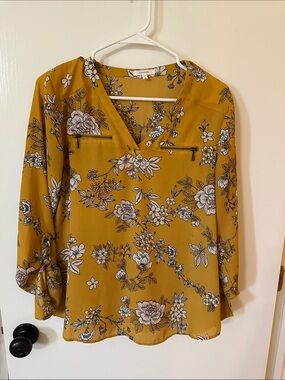 Maurices Mustard Yellow Floral V-Neck Blouse
